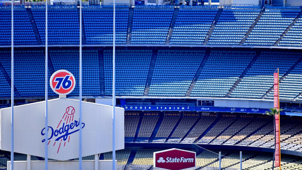 Mar 26, 2020; Los Angeles, California, USA; View of an empty Dodger Stadium on what was scheduled to be opening day against the San Francisco Giants The game was canceled due to the coronavirus pandemic. Mandatory Credit: Jayne Kamin-Oncea-USA TODAY Sports